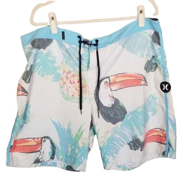 Hurley Mens 40 White Toucan Print 18" Board Shorts - Picture 2 of 8